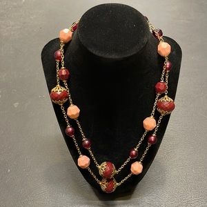 Vintage Maroon and Mauve Bead and Gold Tone Necklace